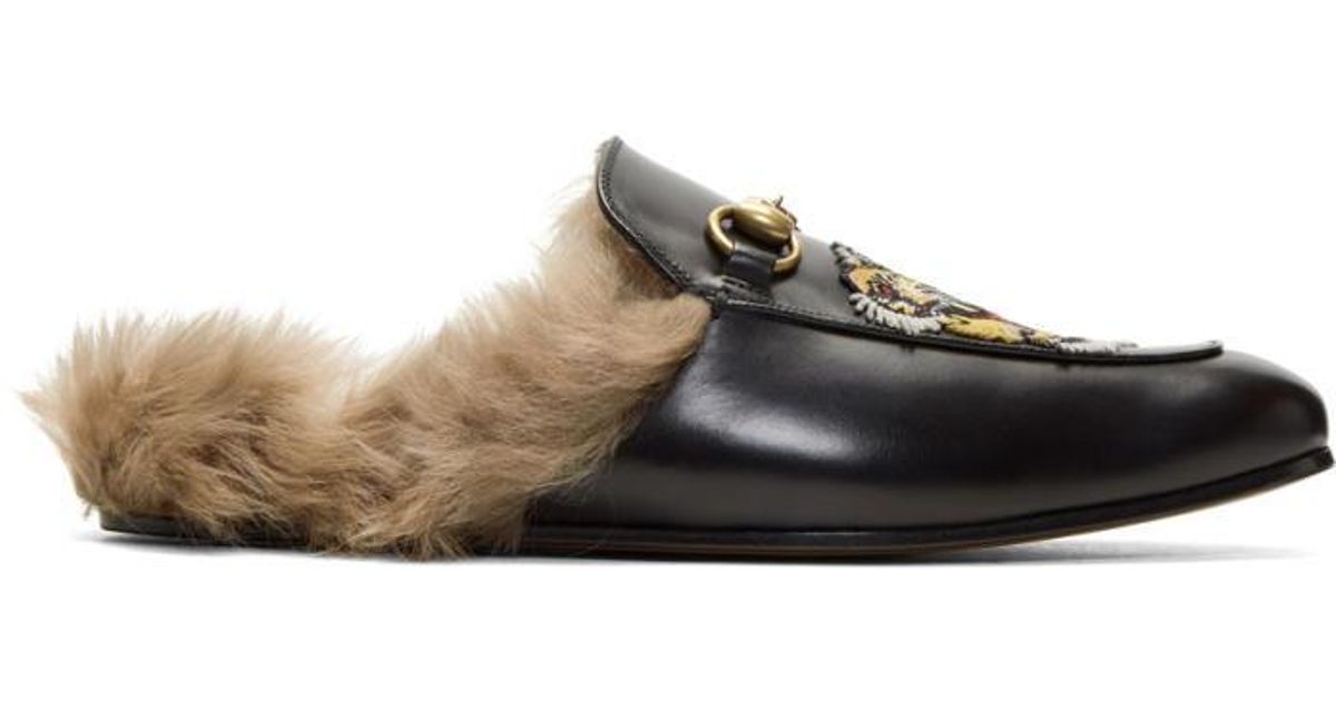 Gucci Black Fur Tiger Princetown Slippers in Black for Men Lyst