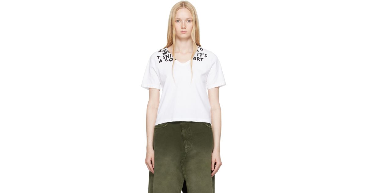 【MM6 Maison Margiela】ホワイト SIDA Vネック プリントTシャツ MM6 Maison Margiela - Women V-Neck SIDA Print T-Shirt
