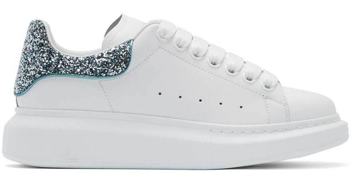 Alexander McQueen Leather White And Blue Glitter Oversized Sneakers - Lyst