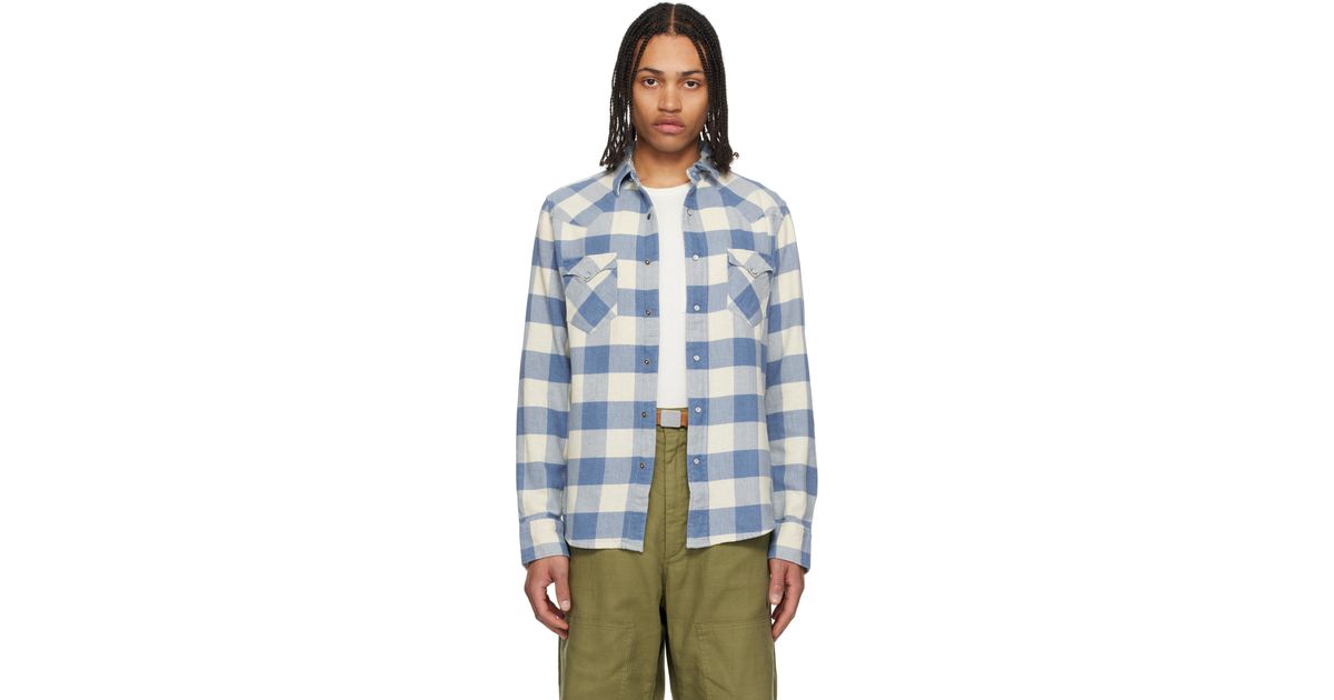 RRL スリム プラッド ツイル 本藍染め コットンリネン ウエスタンシャツ rrl-RL-158-INDIGO-CREAM-Slim-