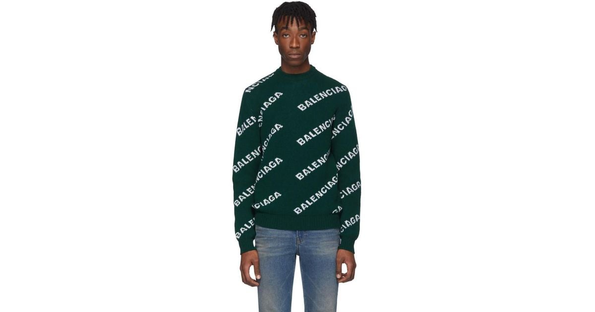 Balenciaga Green Wool Jacquard Logo Crewneck Sweater for Men | Lyst