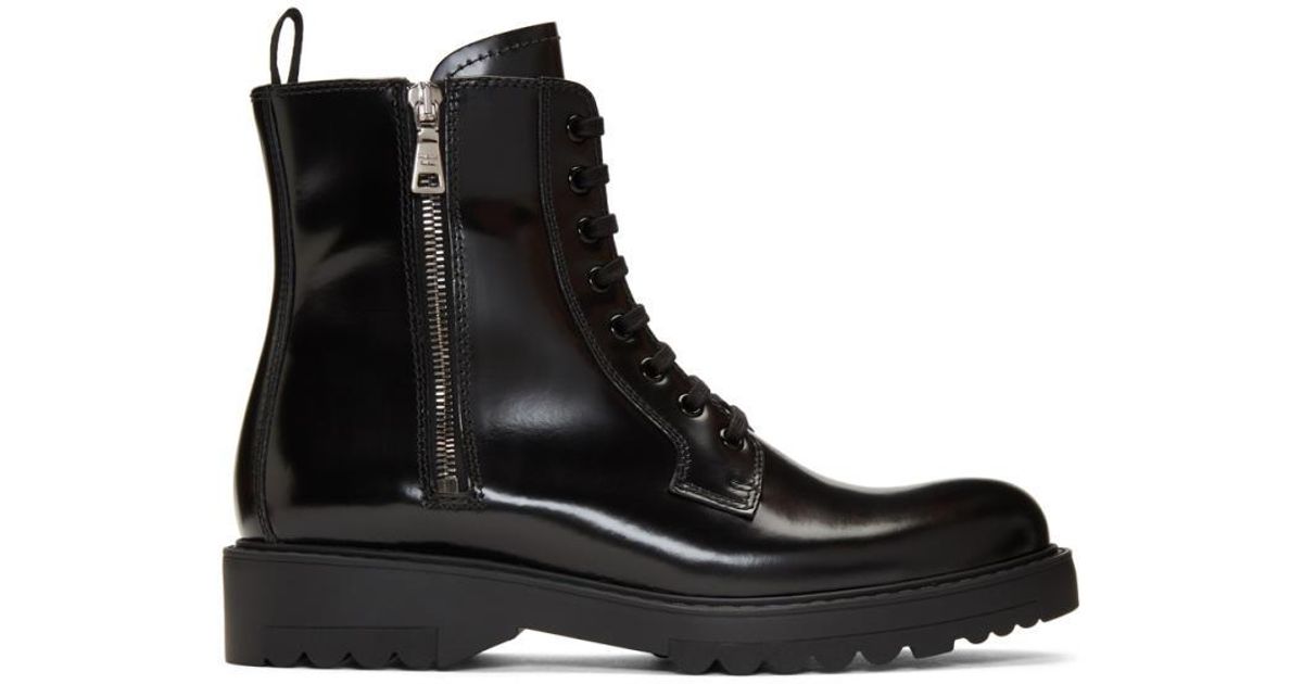 Prada Leather Black Military Combat Boots - Lyst