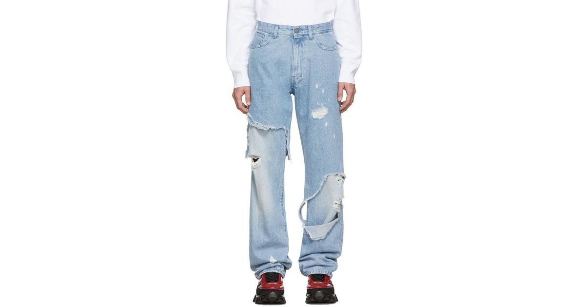 メンズ Raf Simons ブルー デストロイ リラックスフィット ジーンズ