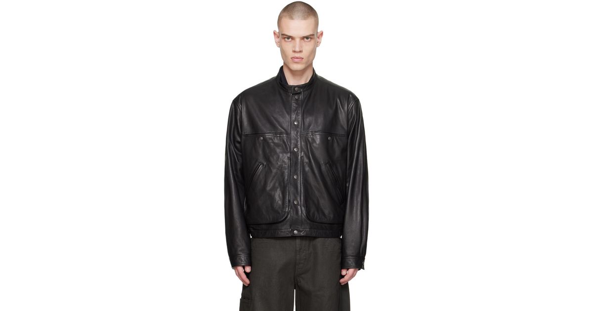 Lemaire Stand Collar Leather Jacket in Black for Men | Lyst