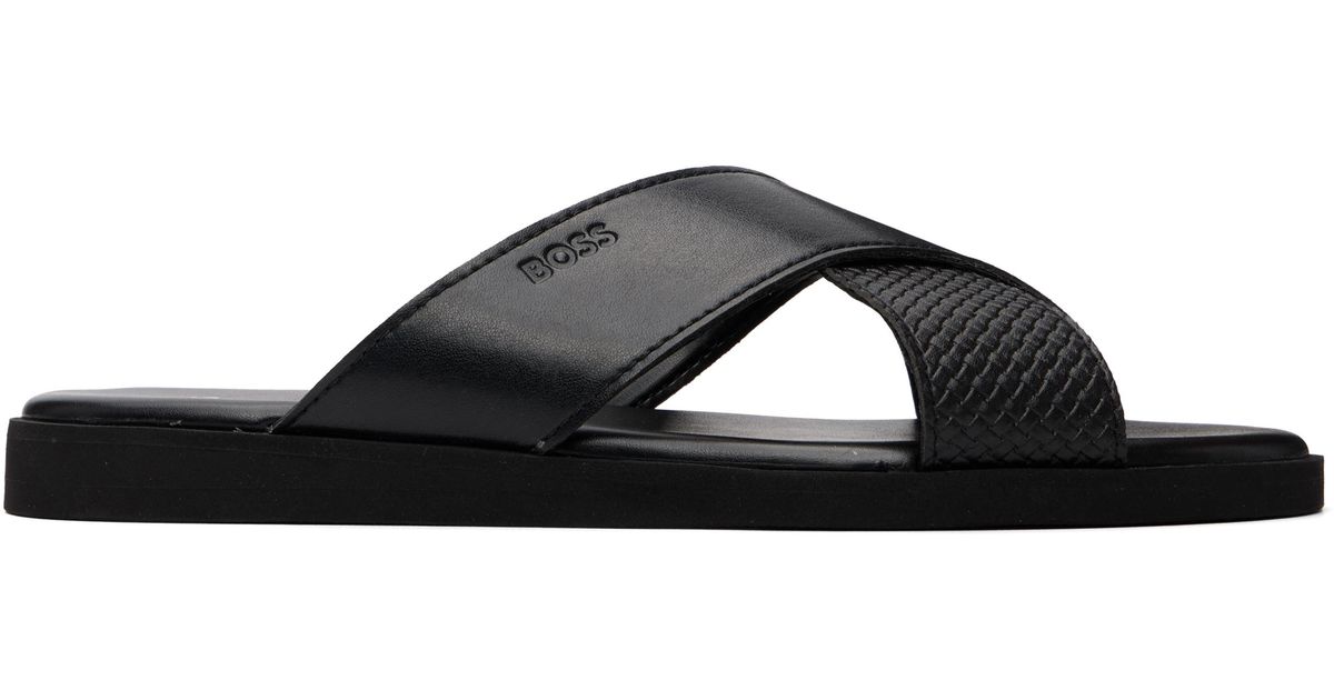 BOSS Faux-Leather Plain & Patterned Straps Sandals in Black for Men ...
