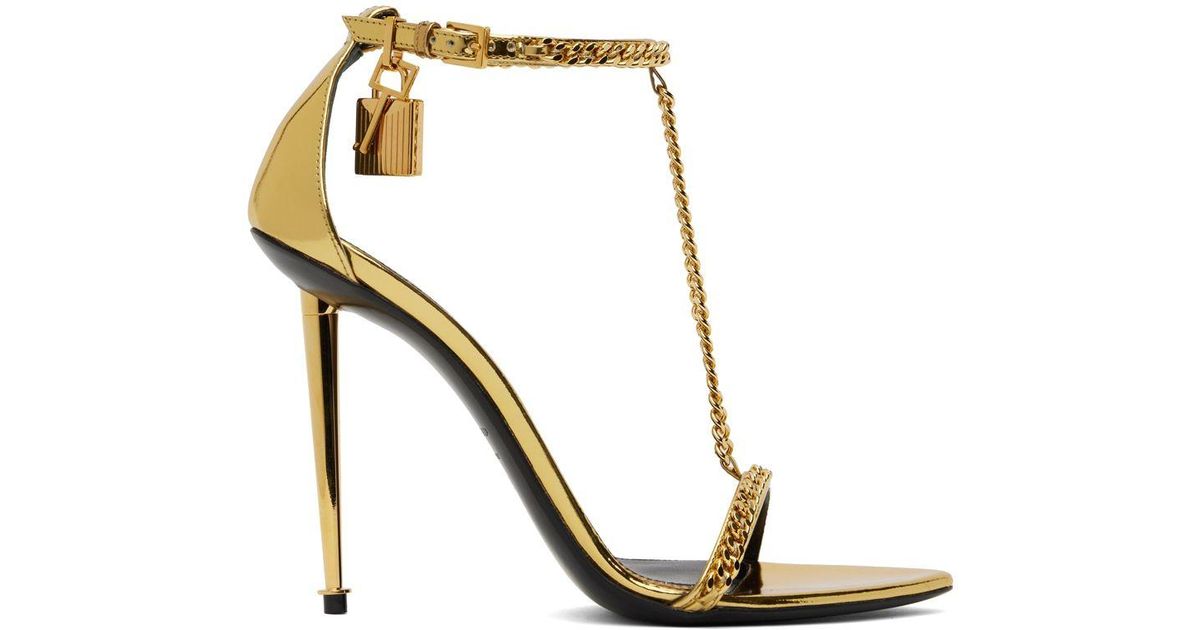 Tom Ford Gold Laminated Heeled Sandals in Black | Lyst