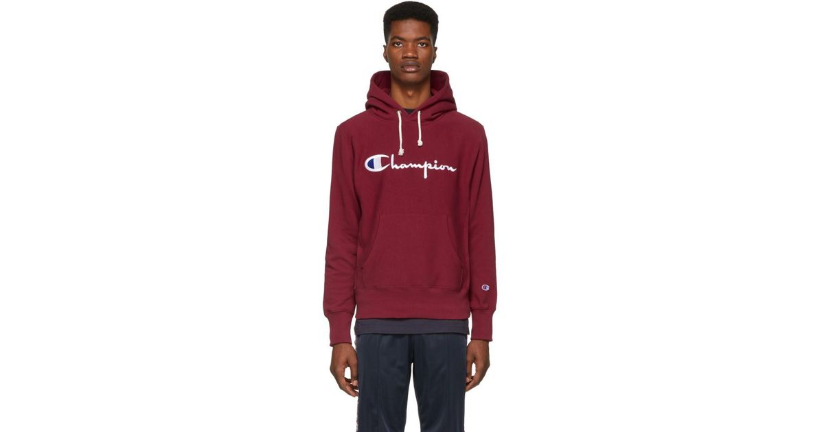 Champion Cotton Burgundy Script Logo Hoodie in Red for Men - Lyst