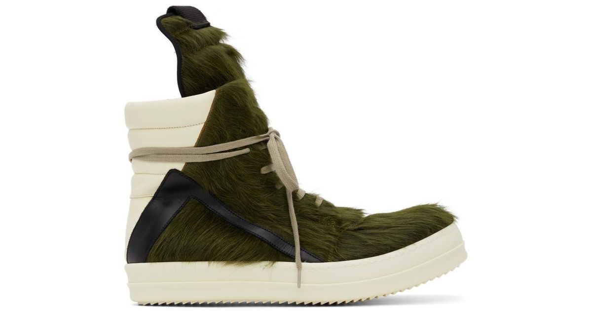 Rick Owens Leather Green & Offwhite Pony Hair Geobasket Sneakers for