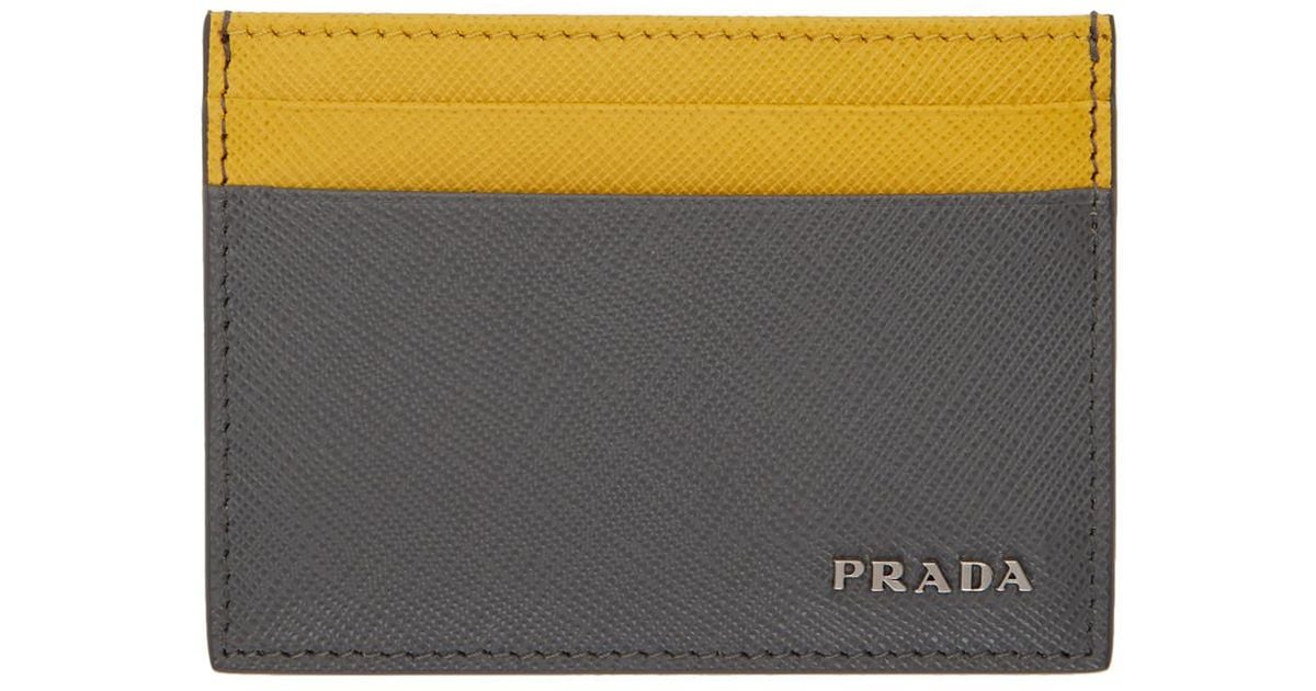 Prada Leather Grey And Yellow Saffiano Bicolor Card Holder in Gray 