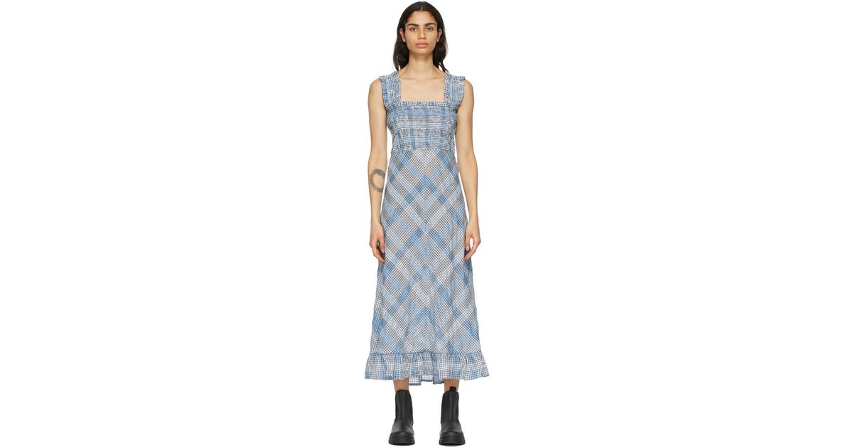 Ganni Seersucker Check Long Dress in Blue Lyst Canada