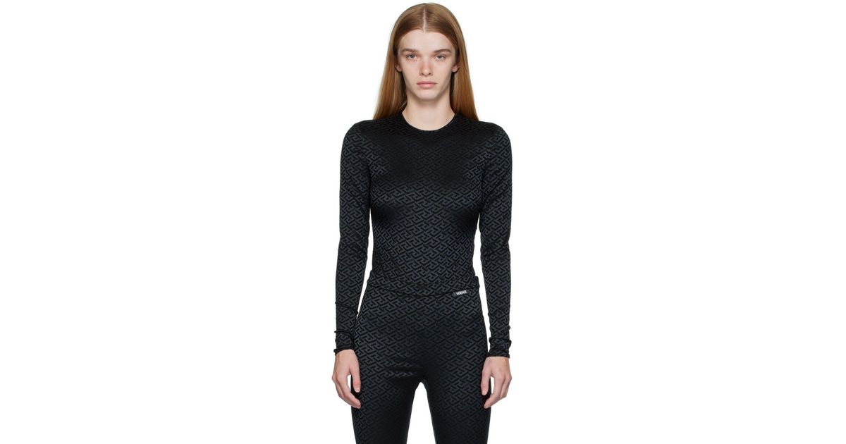 Versace Black La Greca Long Sleeve Bodysuit | Lyst