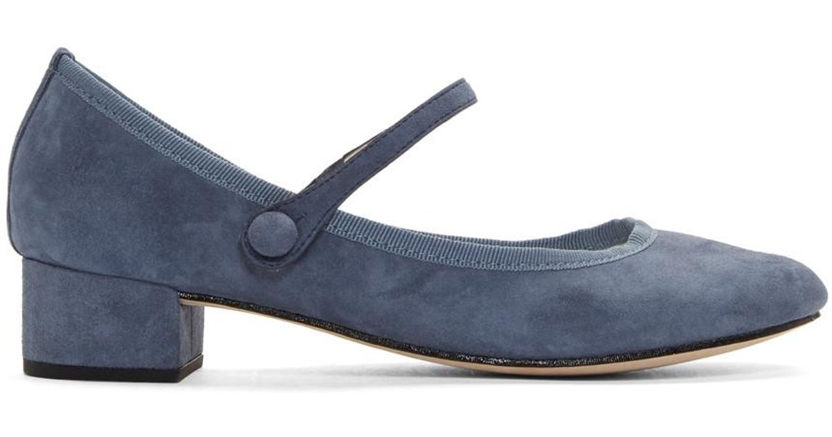 Repetto Blue Suede Rose Mary Jane Heels 