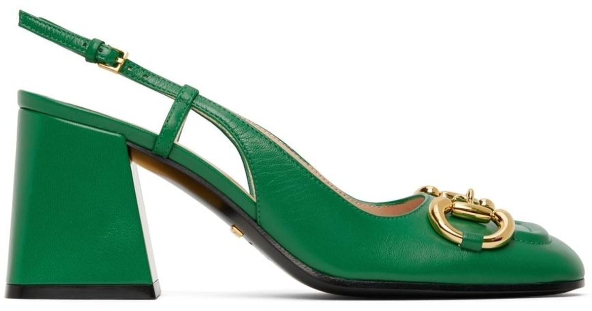 Gucci Leather Horsebit Slingback Mid Heels in Green | Lyst