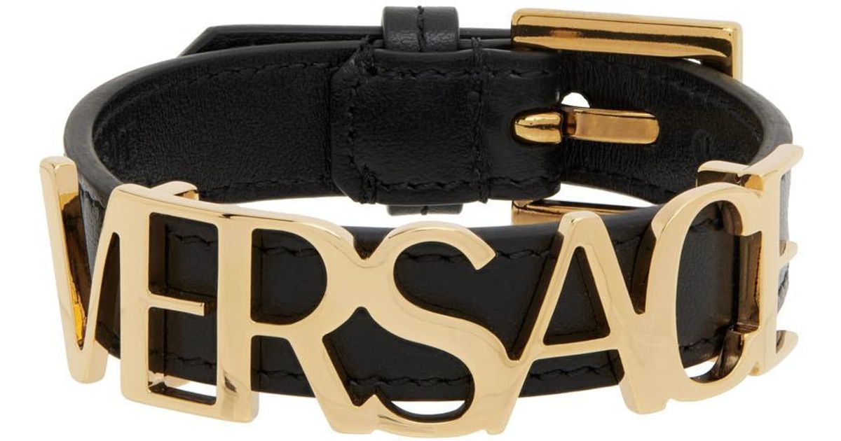 Versace Black Leather Logo Bracelet for Men | Lyst