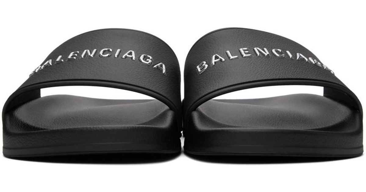 Balenciaga Black & Silver Logo Pool Slides | Lyst