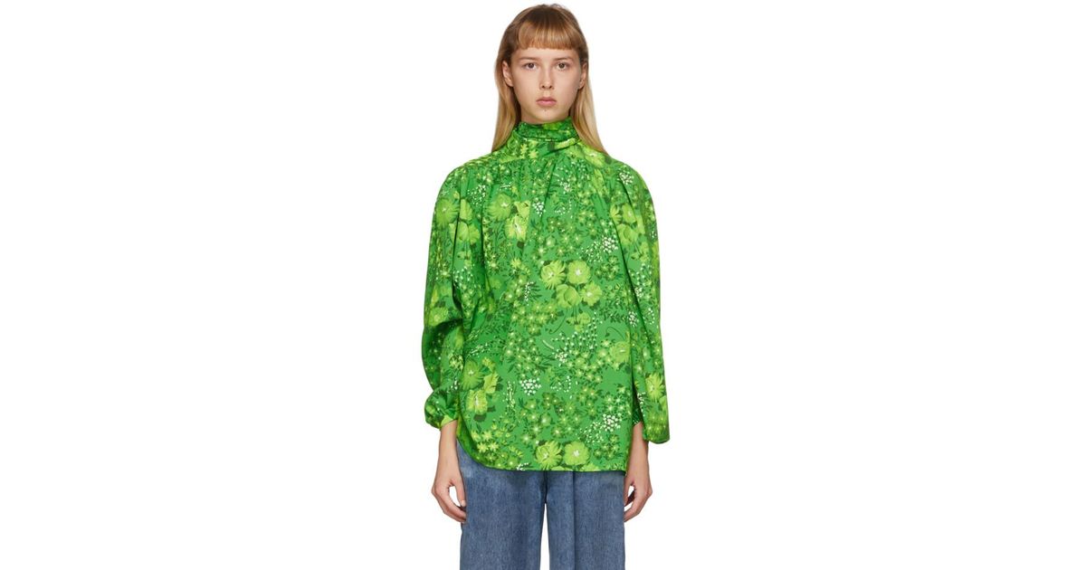 Balenciaga Green Silk Floral Twisted Blouse | Lyst UK