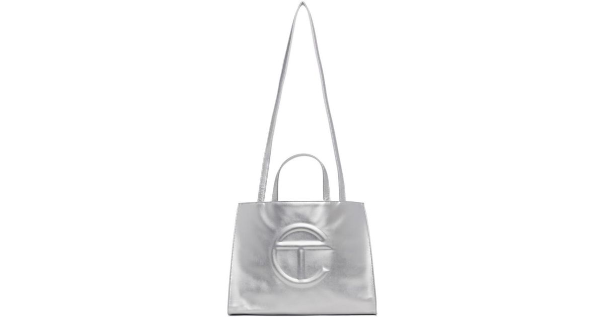 Telfar Medium Silver Shopping Bag at 1stDibs  medium silver telfar bag,  silver telfar bag medium, silver medium telfar