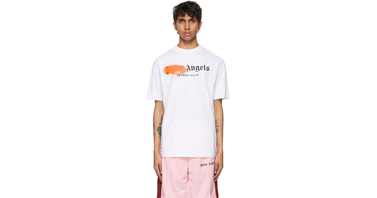Palm Angels Cotton White & Orange Sprayed Logo 'beverly Hills' Tshirt