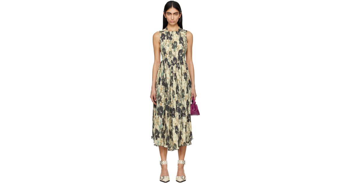 GANNI ♥ Printed Pleats Smock Midi Straps Dress/追跡付 Afterglow Printed Pleats Smock Midi Straps Dress | GANNI US