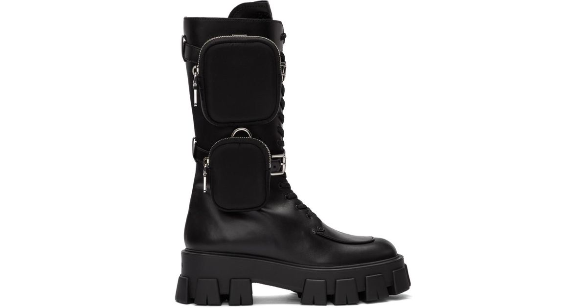 Prada Leather Black Pocket Military Boots | Lyst