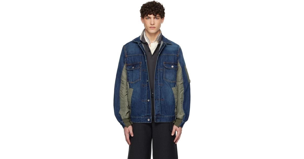 メンズ Sacai ブルー＆カーキ ナイロンツイル デニムジャケット