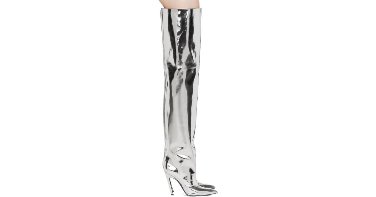 Women Metallic Mirror Pointy Toe Thigh High Heel Over The Knee Boots Silver 