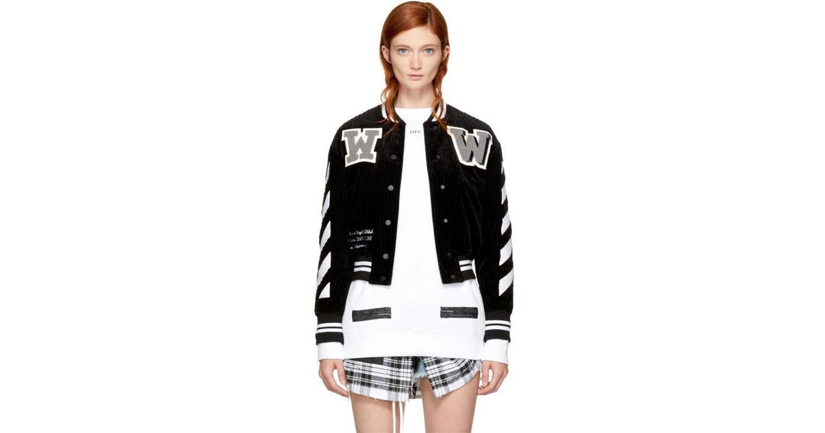 Jacket Makers Women's Virgil Abloh Off-White Black Varsity Jacket with Striped Sleeves