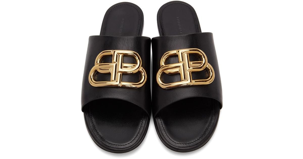 Balenciaga Black Leather Slide Sandals with Gold BB Logo Balenciaga BB leather slides Balenciaga main image 3