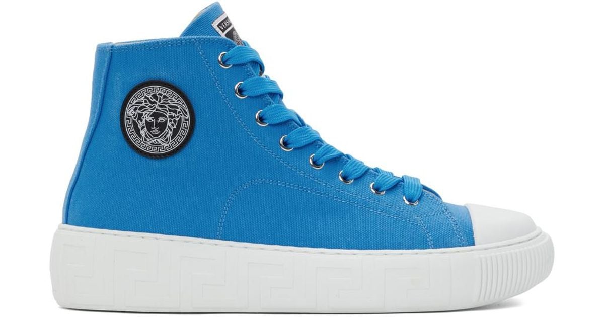 Versace Cotton Blue Greca High-top Sneakers for Men - Lyst