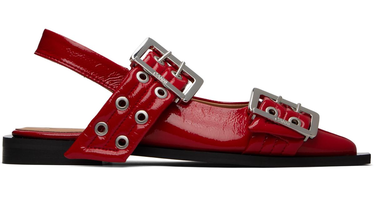 Ganni Feminine Buckle Ballerina Flats in Red | Lyst