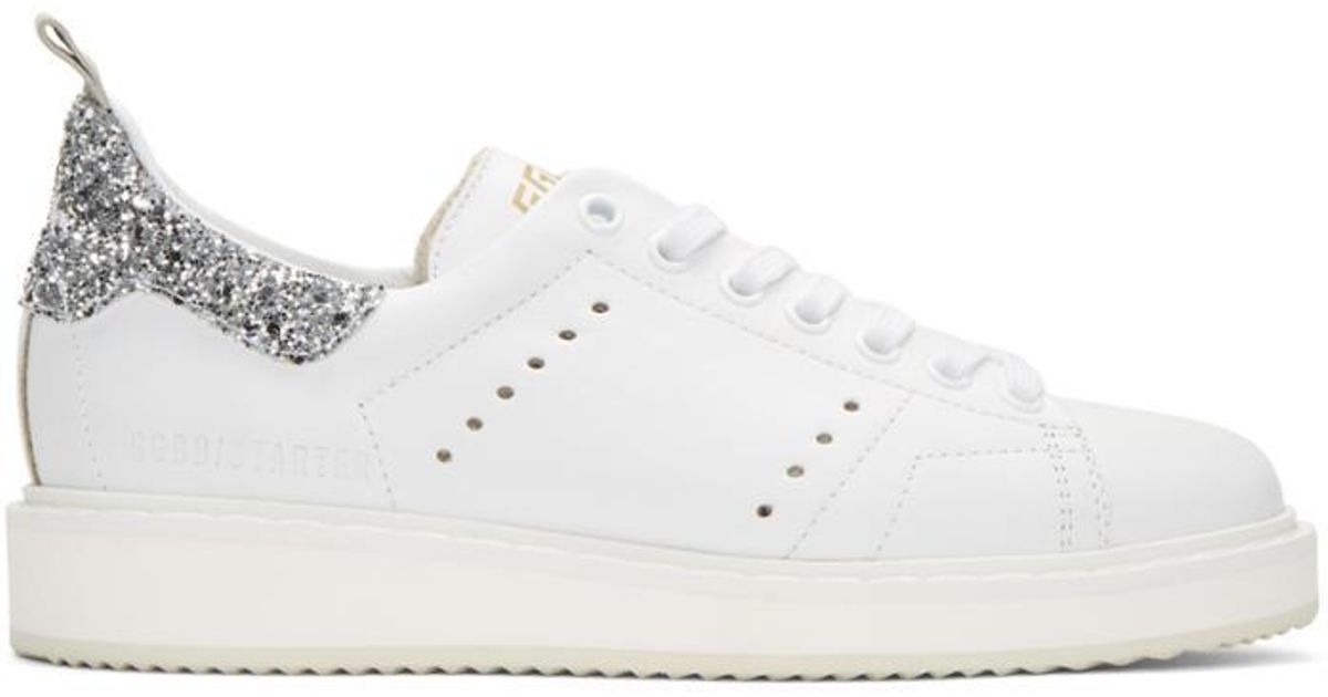 Golden Goose Starter Glitter-trimmed Leather Sneakers in White | Lyst