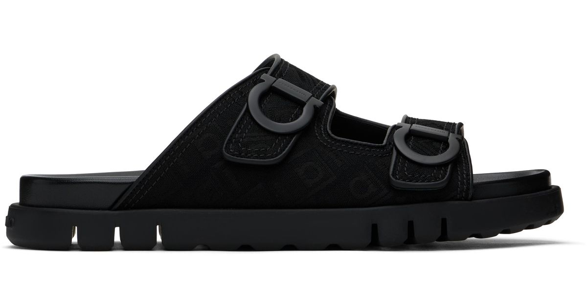 【関税込み】Ferragamo ブラック ダブル ストラップ サンダル メンズ Ferragamo ブラック ダブル ストラップ サンダル