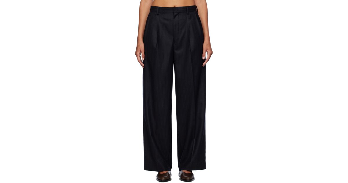 AURALEE WOOL FULLING FLANNEL STRIPE SLACKS TOP DARK NAVY