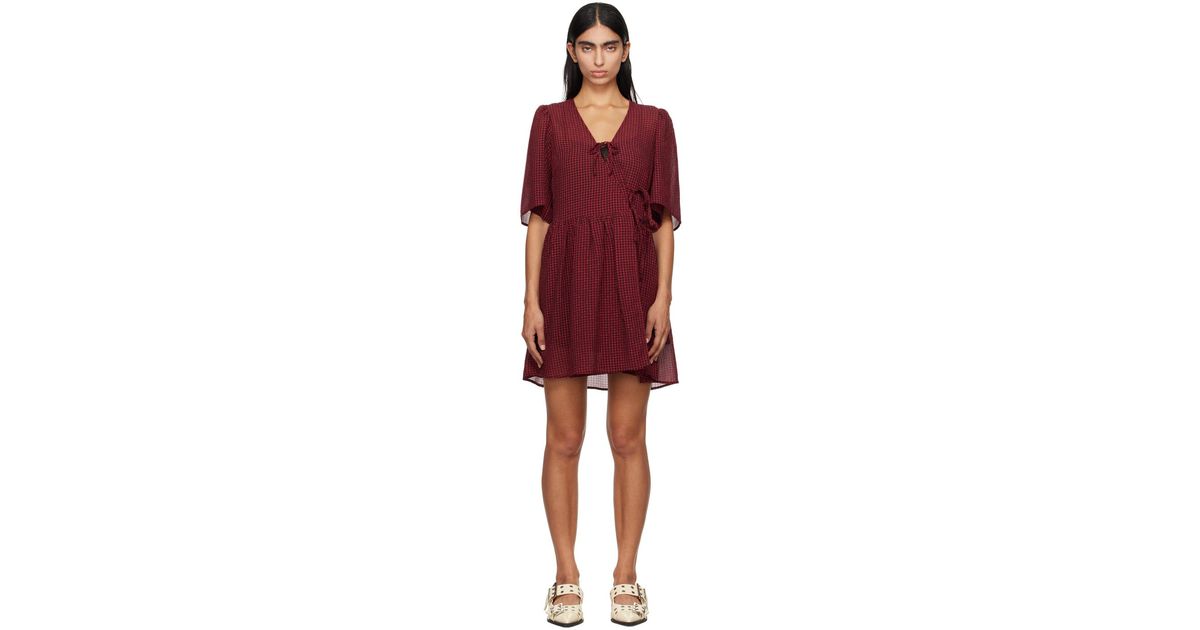 【GANNI】Red Sheer Tie String Wrap Dress ワンピース Winery Red Sheer Tie String Wrap Dress | GANNI US