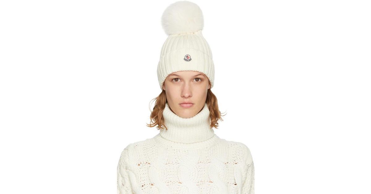 Moncler Off-white Fur Pom Pom Beanie | Lyst