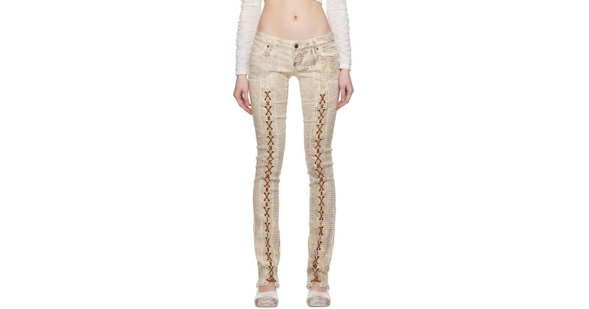 Guess USA Tan Laced Flared Trousers in Natural | Lyst