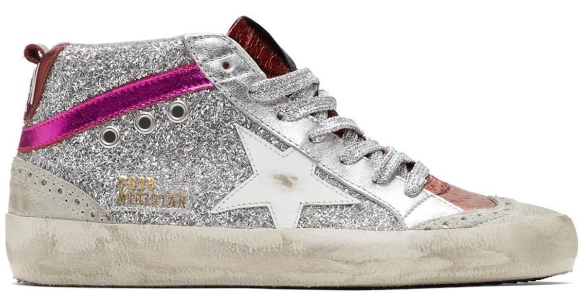 Golden Goose Suede Silver And Pink Glitter Mid Star Sneakers | Lyst