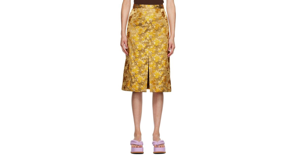 Dries Van Noten Gold Floral Midi Skirt in Yellow | Lyst