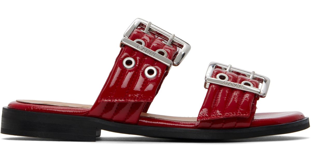 Ganni レッド Feminine Buckle ツーストラップ サンダル