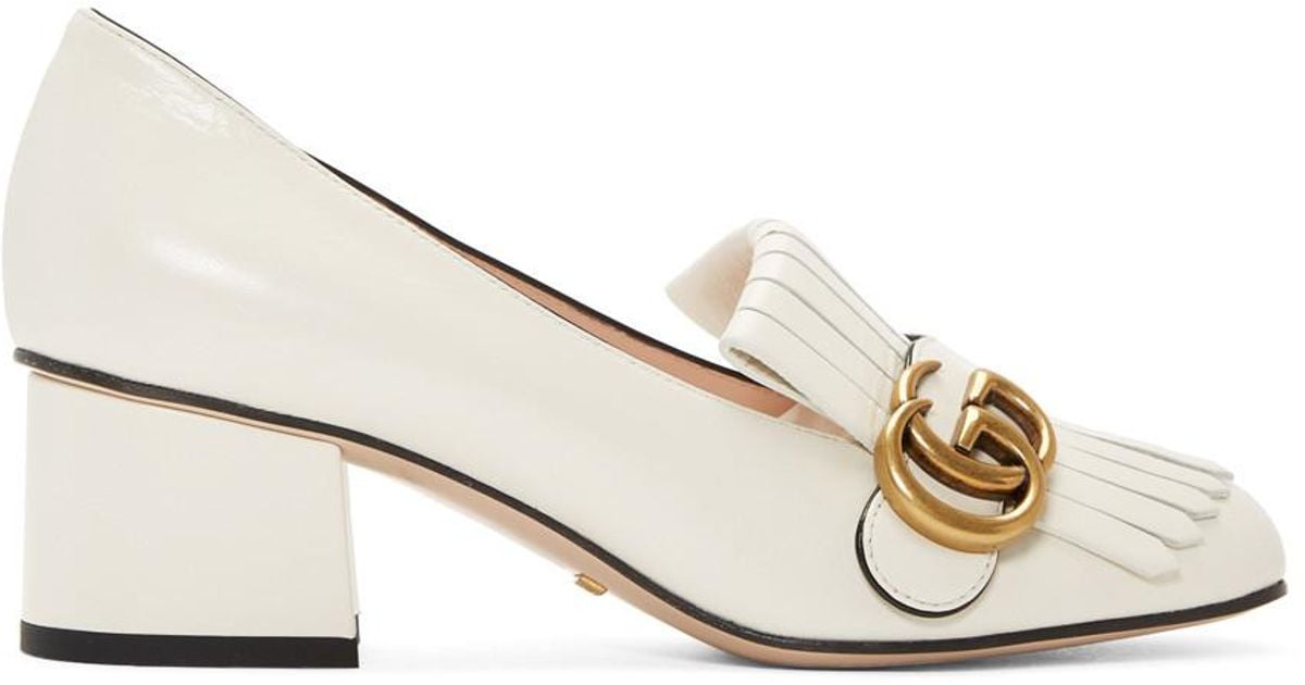 Gucci White GG Marmont Fringed Loafer Heels