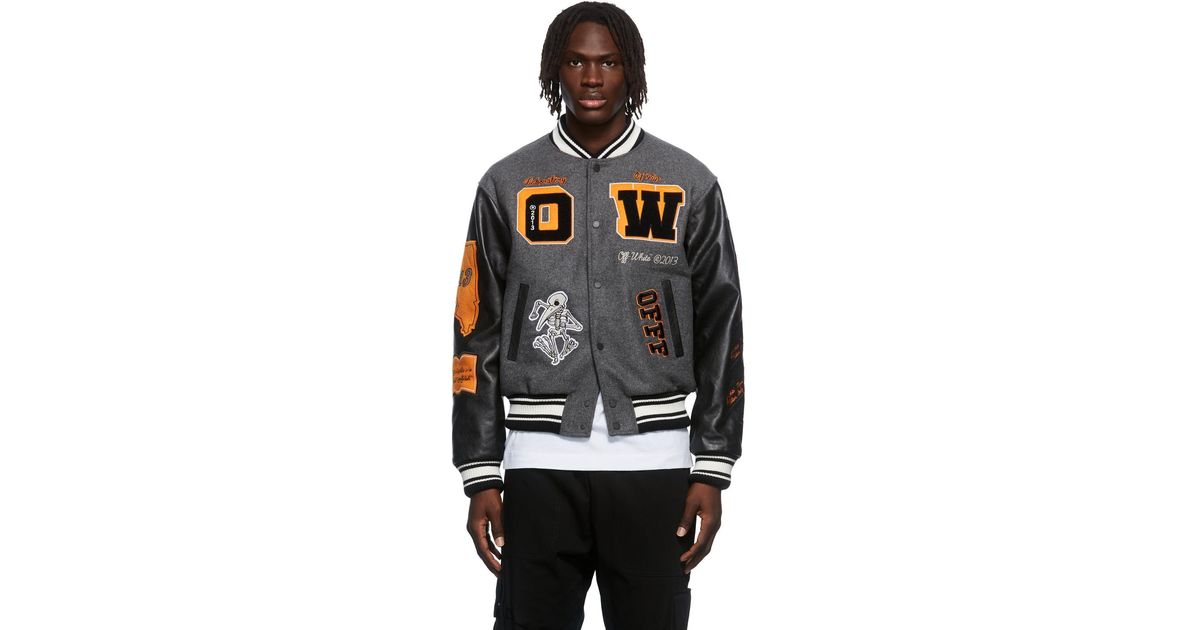 OffWhite c/o Virgil Abloh Leather Varsity Jacket in Grey (Gray) for