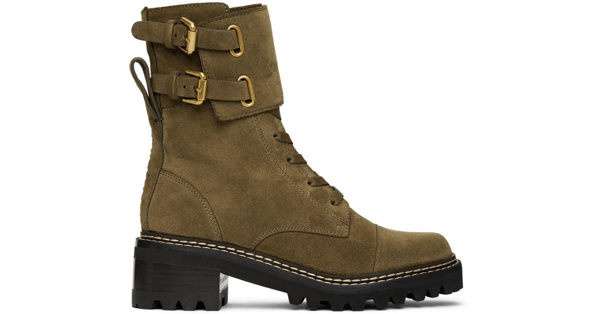 See By Chloé Suede Khaki Mallory Combat Boots | Lyst