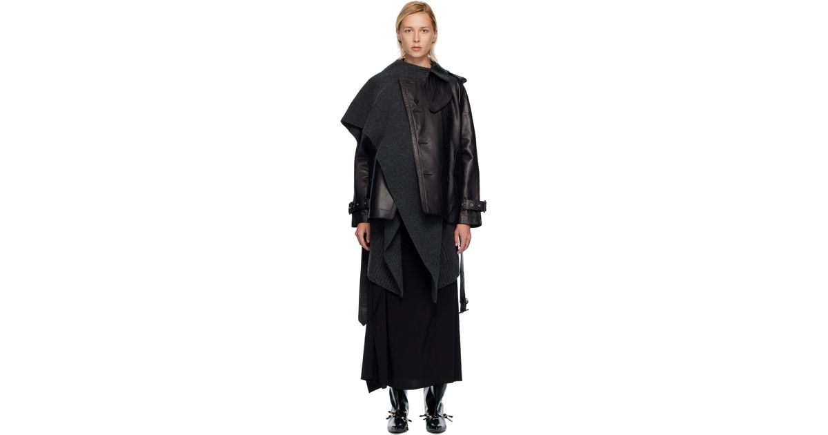 Sacai Leather & Wool Knit Jacket Set in Black | Lyst