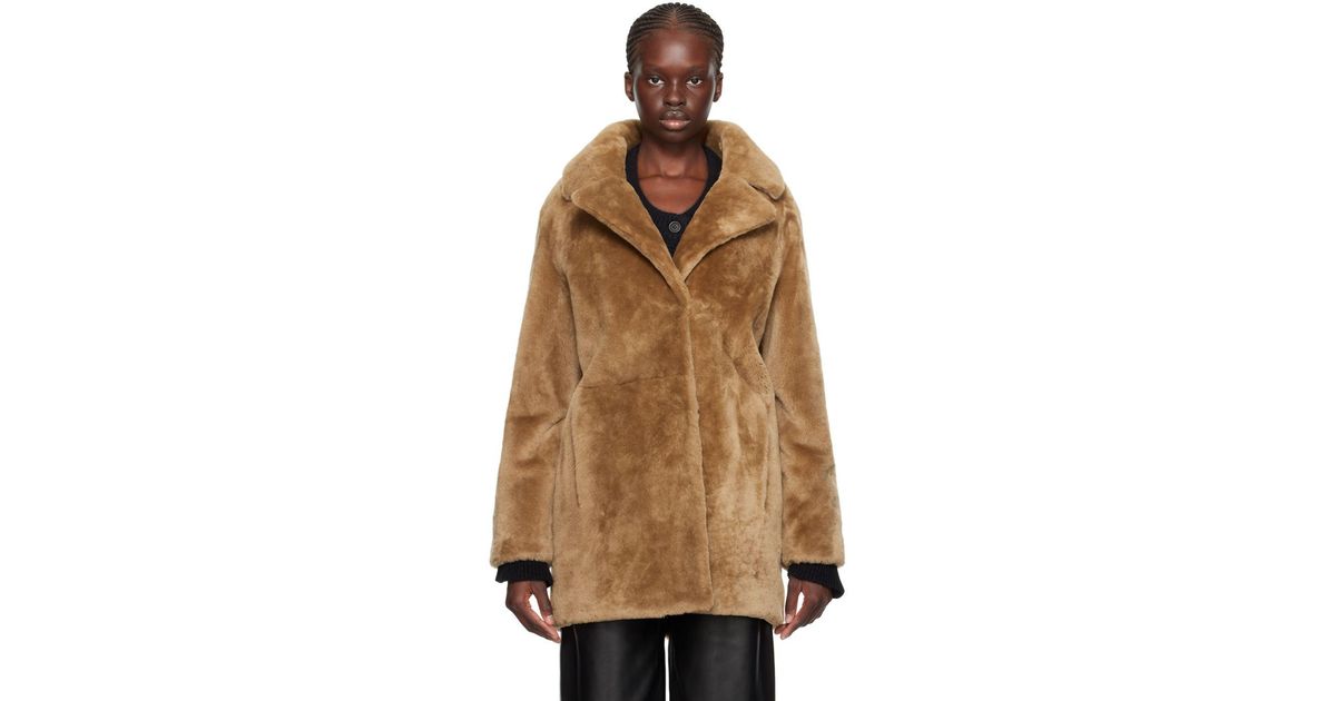 Meteo by Yves Salomon Brown Notched Lapel Shearling Coat | Lyst