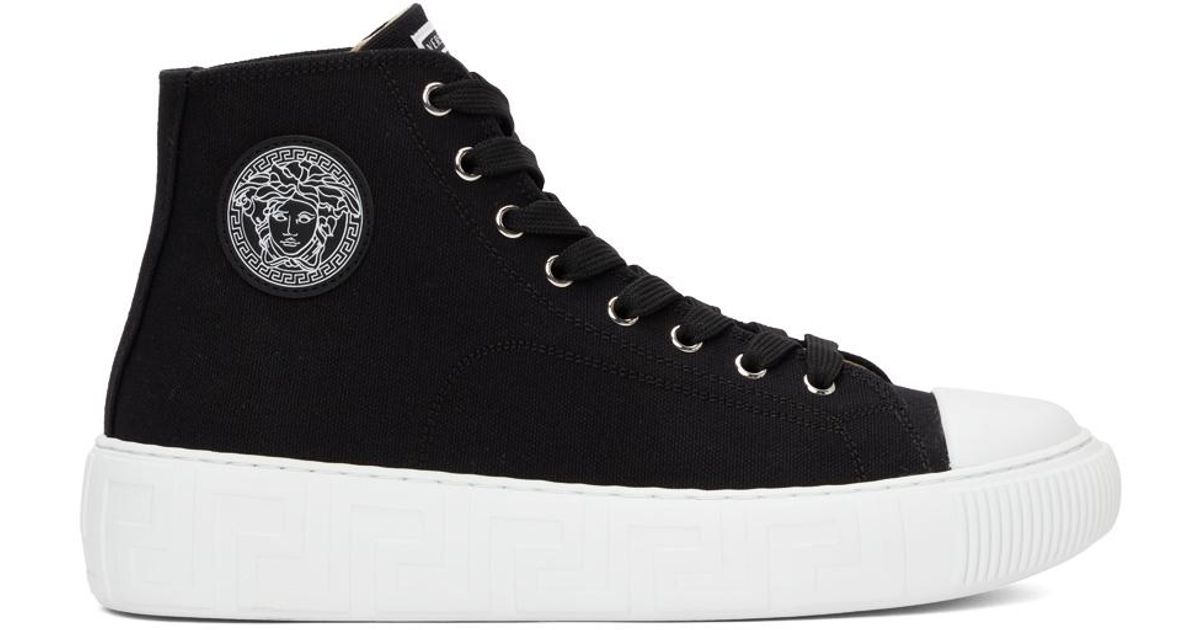 Versace Cotton Greca Hightop Sneakers in Black for Men Lyst