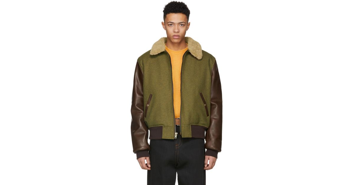 Schott Nyc Green And Brown Wool Leather Jacket For Men