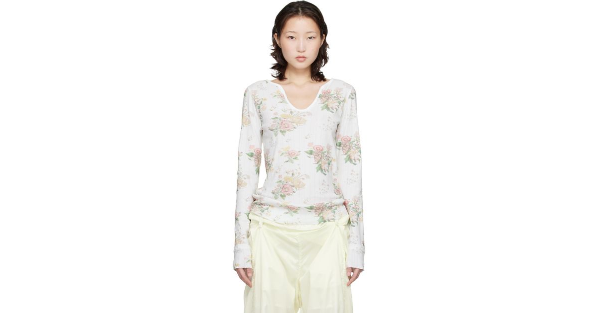 OPEN YY Floral Hook Long Sleeve Henley in White | Lyst Canada