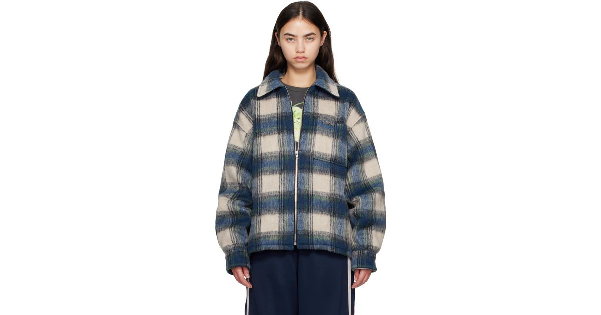 we11done Script Logo Check Shirt Jacket in Blue | Lyst