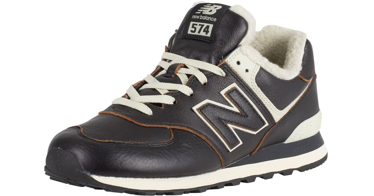 New Balance 574 Leather Sherpa Trainers in Black for Men | Lyst UK
