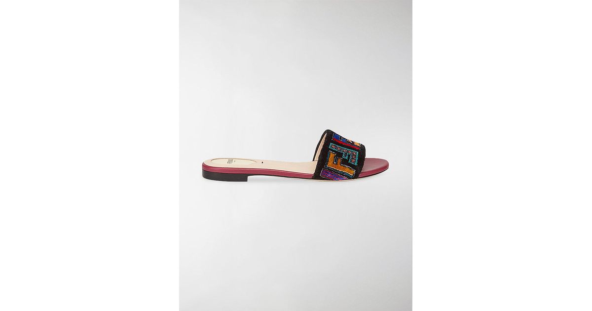 Fendi Fur Flat Fabric Sandals - Lyst